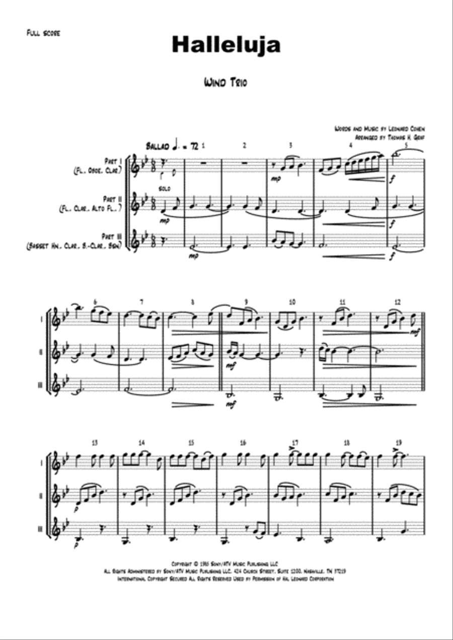 Hallelujah Woodwind Trio scores gallery preview page 1