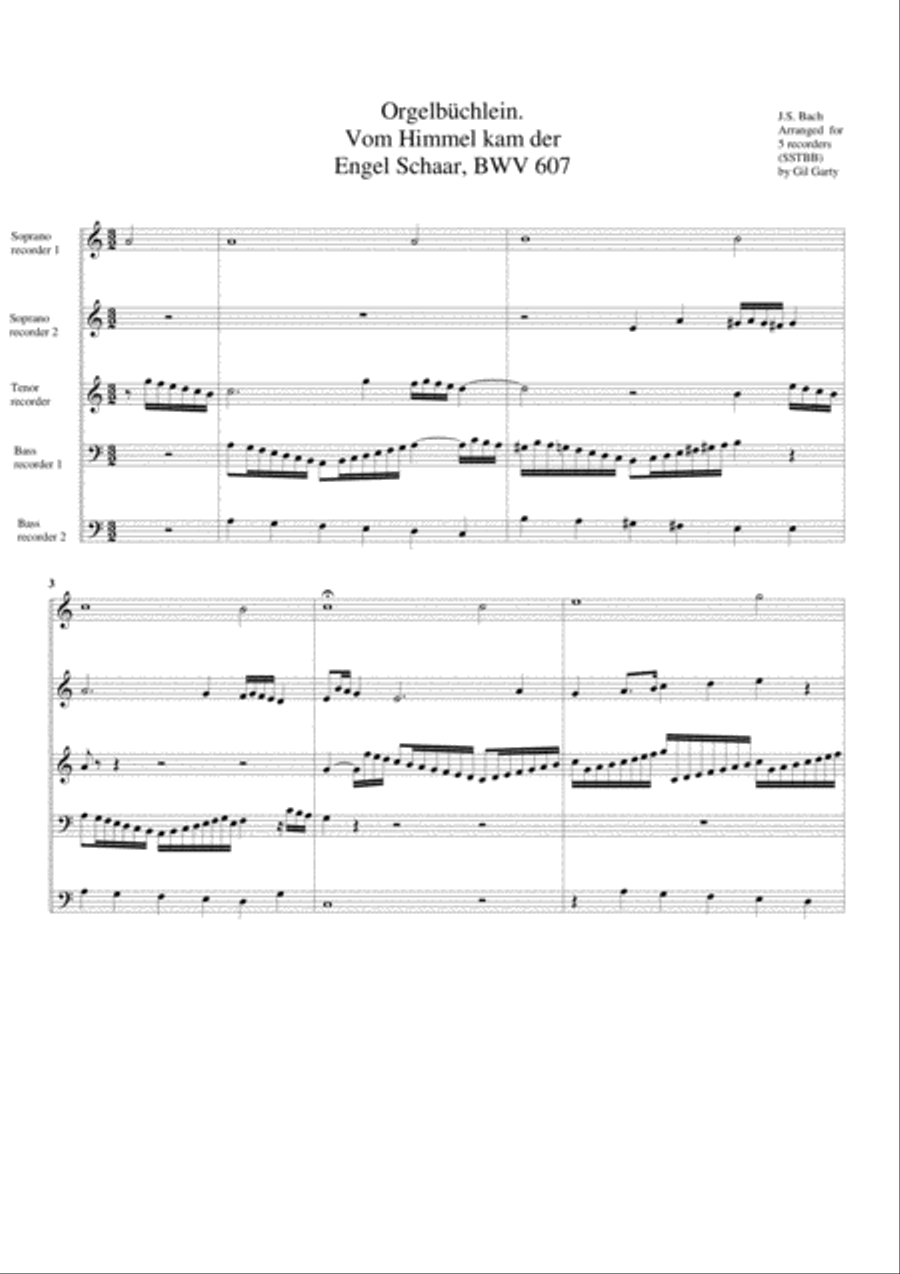 Vom Himmel kam der Engel Schaar, BWV 607 from Orgelbuechlein (arrangement for 5 recorders) Recorder scores gallery preview page 1