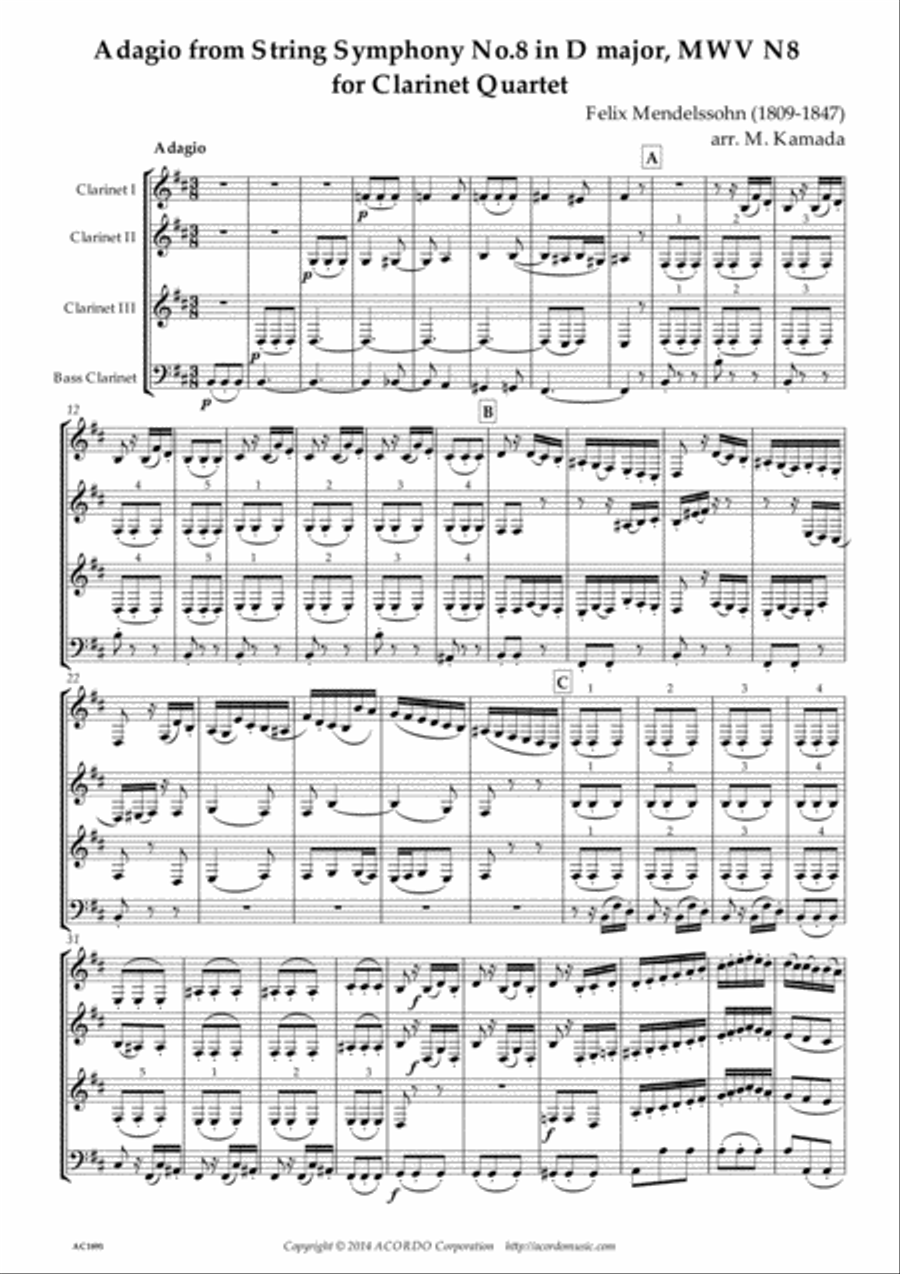 Adagio from String Symphony No.8 in D major, MWV N8 for Clarinet Quartet Clarinet Solo scores gallery preview page 1