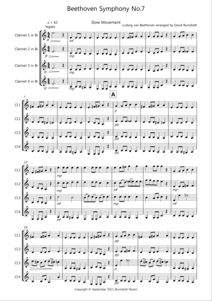 Beethoven Symphony No.7 (slow movement) for Clarinet Quartet Clarinet Quartet scores gallery preview page 1