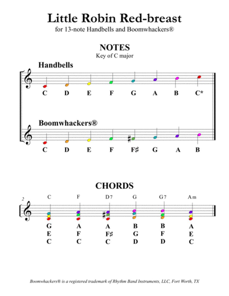 Little Robin Red-breast for 13-note Bells and Boomwhackers® (with Color Coded Notes) image number null
