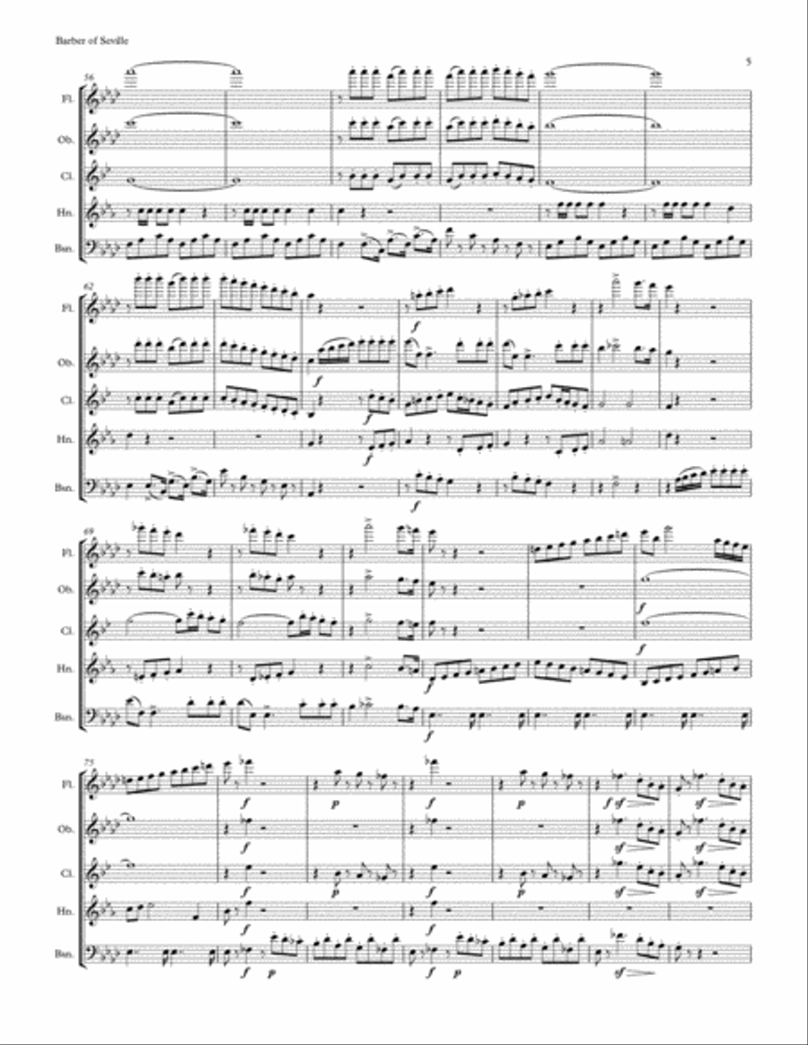 Rossini: The Barber of Seville, Overture arranged for Woodwind Quintet (in F major) Woodwind Quintet scores gallery preview page 5