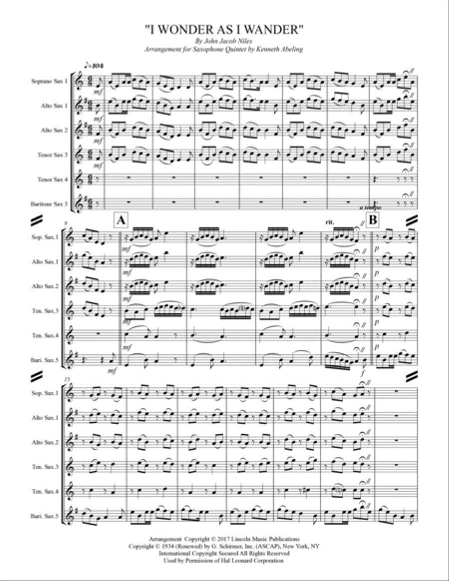 I Wonder As I Wander Saxophone Quintet scores gallery preview page 2