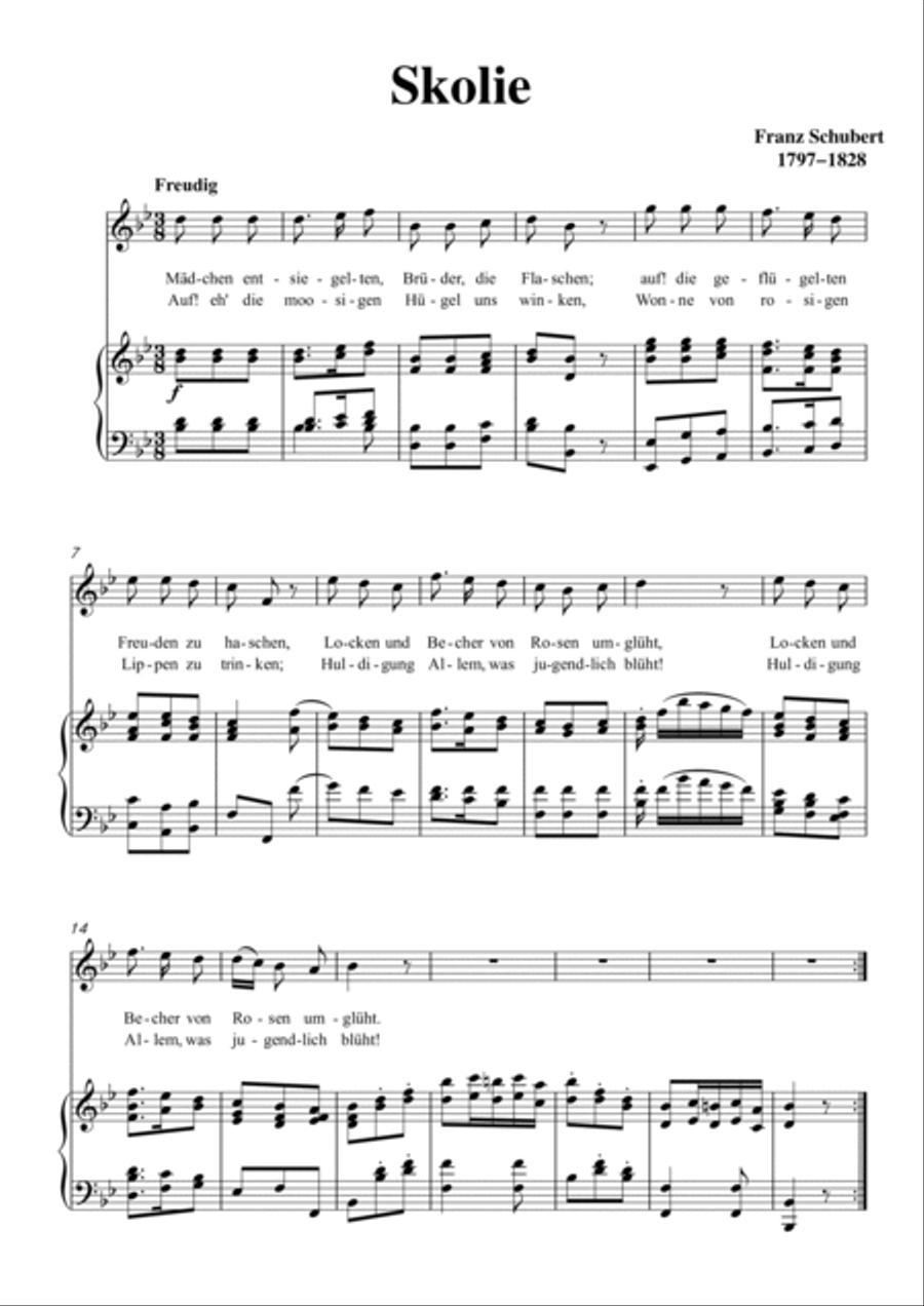 Schubert-Skolie(Skolion;Drinking Song),D.507 in bB for Vocal and Piano Voice scores gallery preview page 2