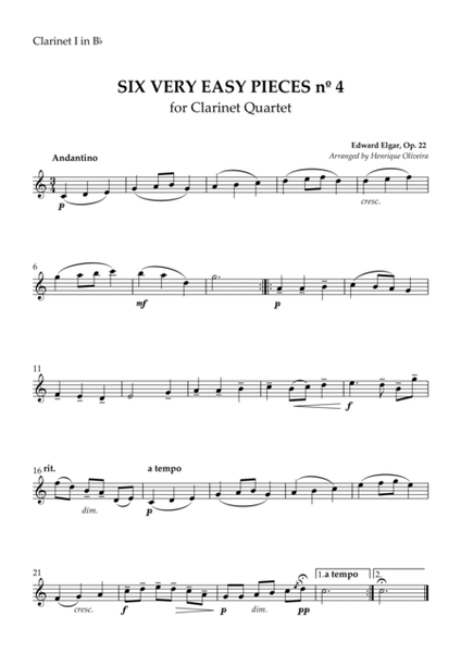 Six Very Easy Pieces nº 4 (Andantino) - Clarinet Quartet image number null