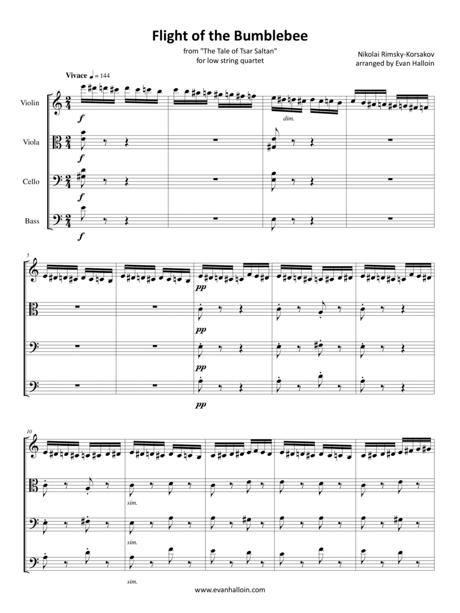 Rimsky-Korsakov - Flight of the Bumblebee for violin, viola, cello, and double bass Small Ensemble scores gallery preview page 1