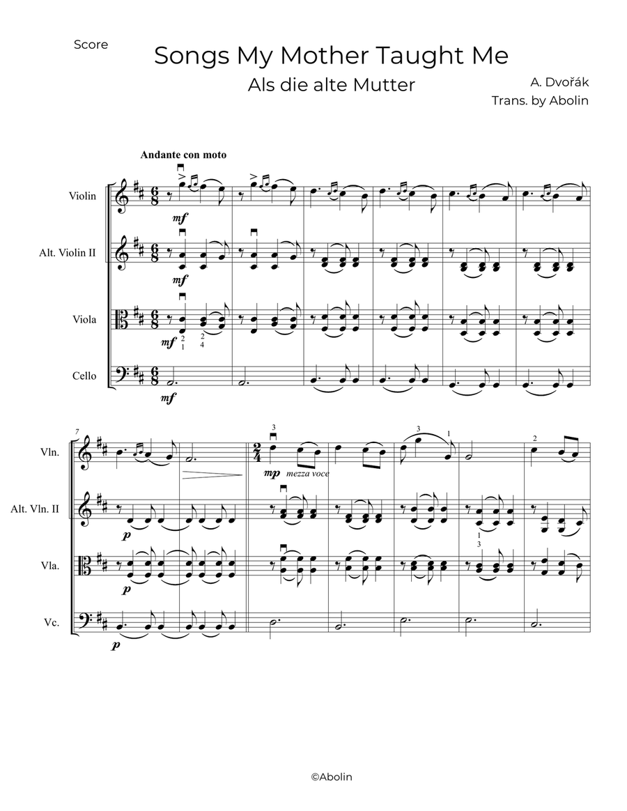 Dvorak: Songs My Mother Taught Me, Op.55 - String Trio, or 2 Violins and Cello String Trio scores gallery preview page 2