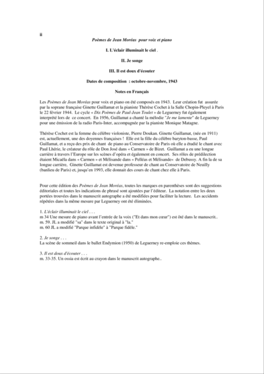 Jacques Leguerney: Poèmes de Jean Moreas for medium voice and piano Medium Voice scores gallery preview page 2