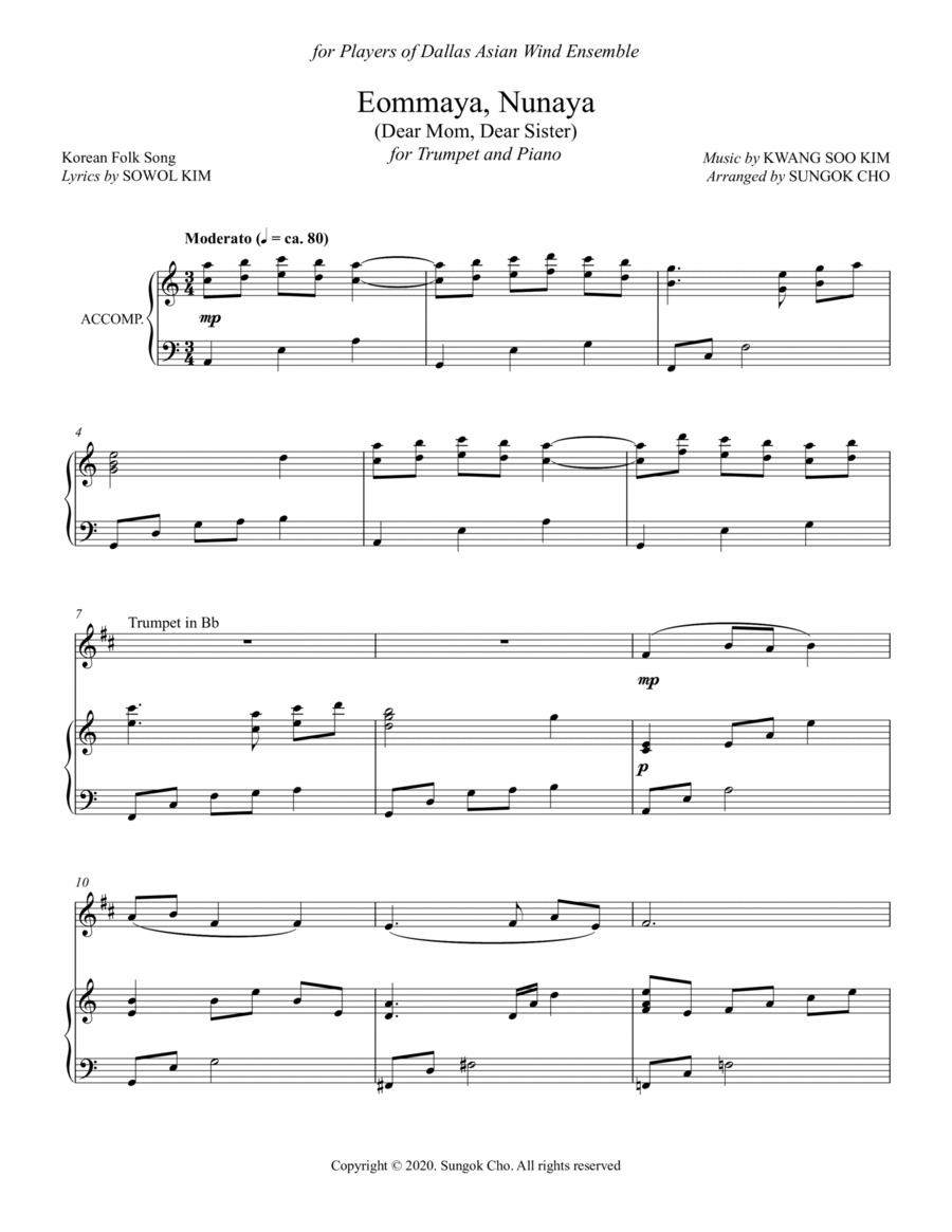 Korean Folk Song - Eommaya, Nunaya (Dear Mom, Dear Sister) Trumpet Solo scores gallery preview page 1