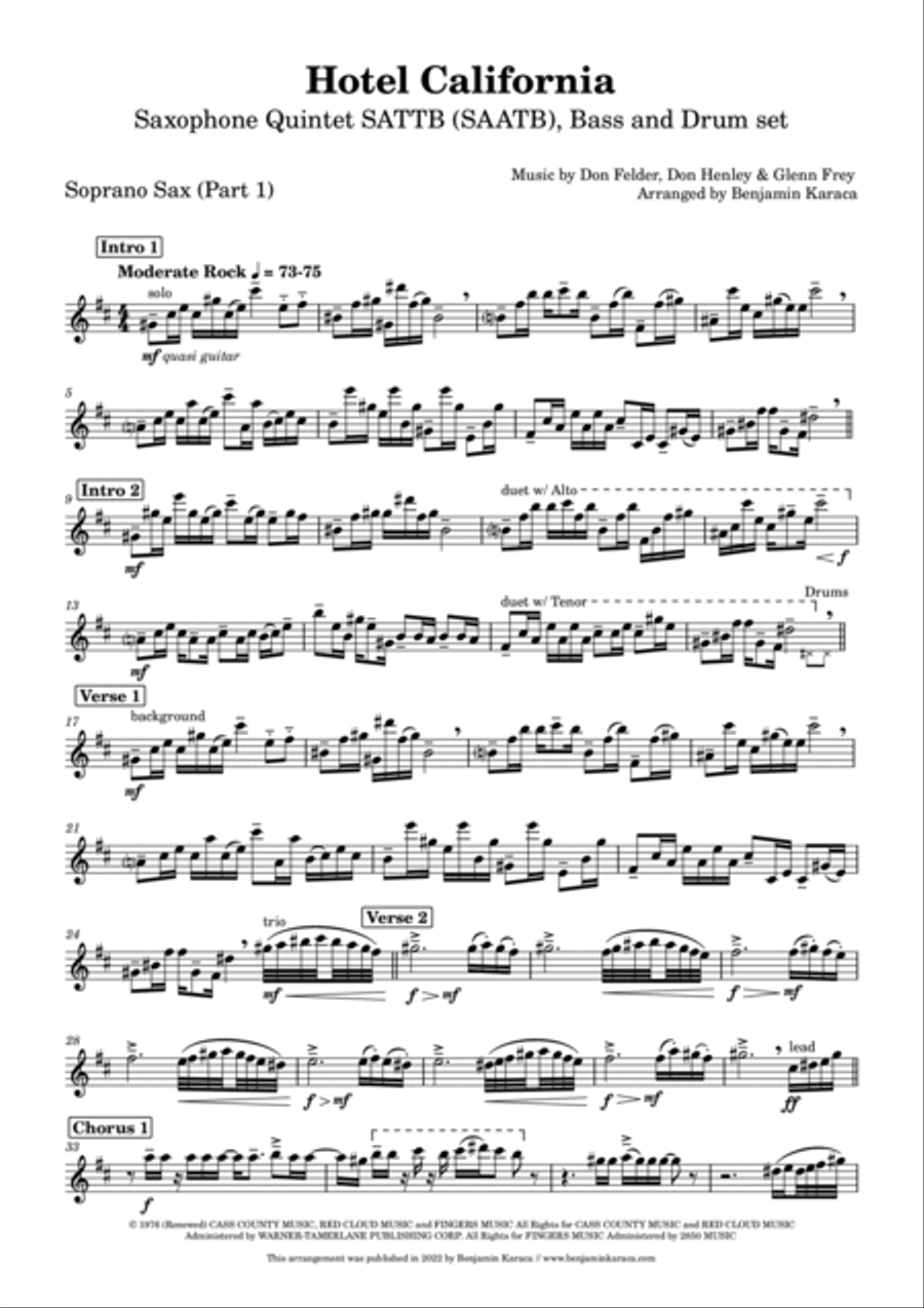 Hotel California Saxophone Quintet scores gallery preview page 3