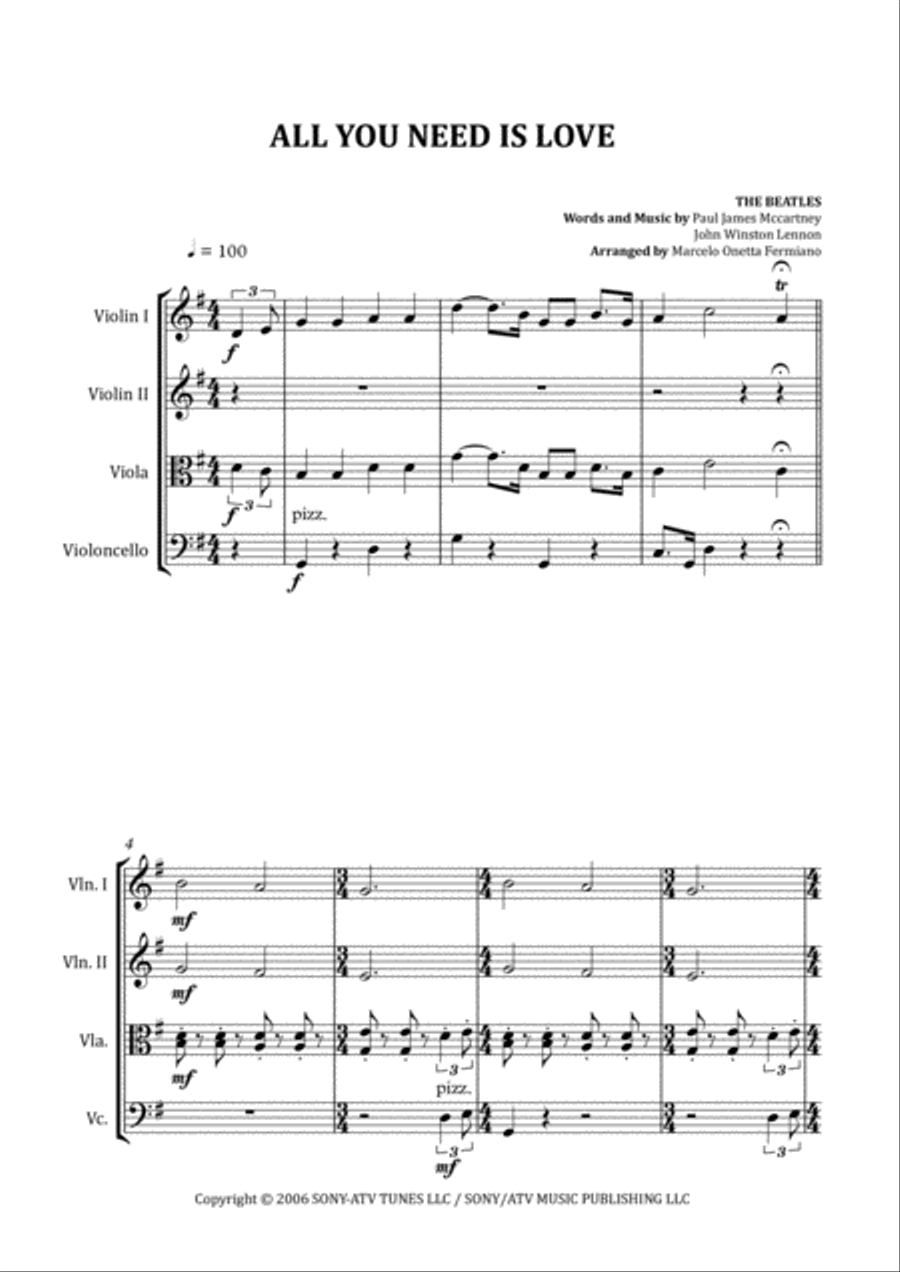 All You Need Is Love String Quartet scores gallery preview page 4