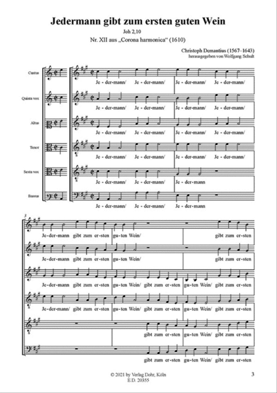 Jedermann gibt zum ersten guten Wein zu sechs Stimmen a cappella (1610) (Nr. XII aus 