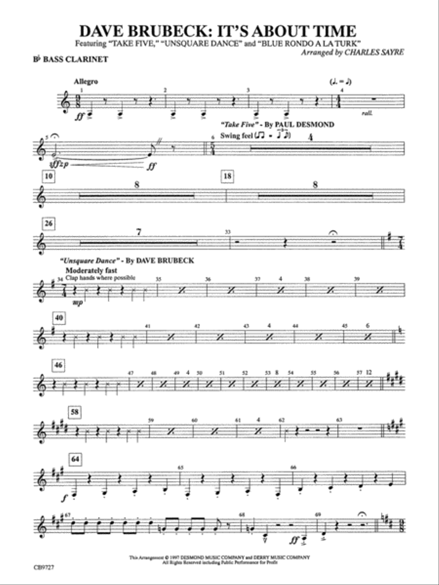 Dave Brubeck: It's About Time: B-flat Bass Clarinet Concert Band scores gallery preview page 1