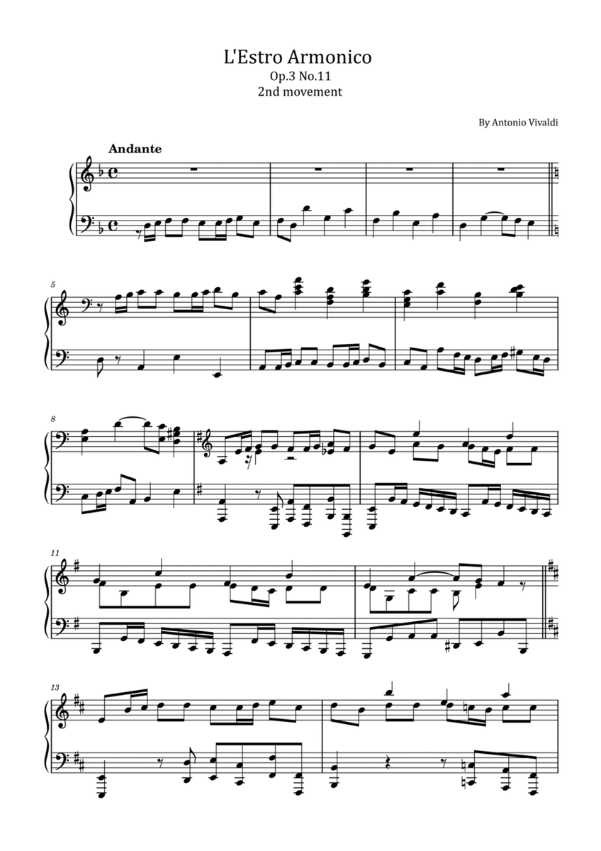 Vivaldi - L'Estro Armonico - Concerto Op.3 No.11 2nd mvt - For Piano Solo image number null