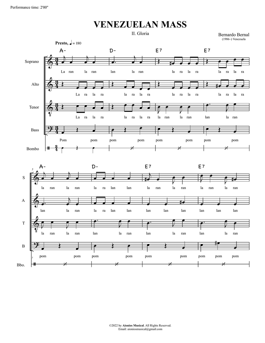 Venezuelan Mass - II. Gloria - Duo of Tenors soloists and SATB with Cuatro accompaniment and percuss 4-Part scores gallery preview page 3