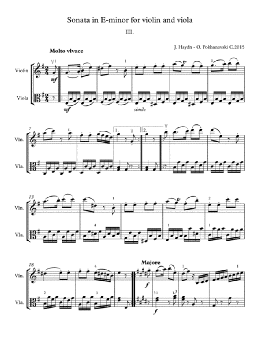 Haydn Sonata in E-minor for violin and viola, 3rd movement String Duet scores gallery preview page 1
