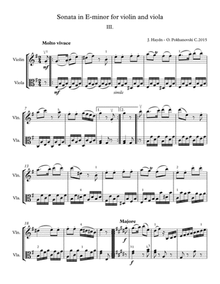 Book cover for Haydn Sonata in E-minor for violin and viola, 3rd movement