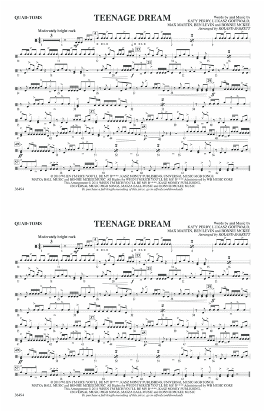 Teenage Dream: Quad-Toms Teenage Dream: Quad-Toms Marching Band scores gallery preview page 1