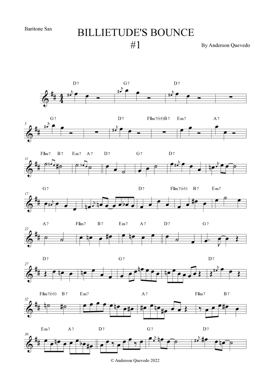 Billietude's Bounce #1 for Baritone Saxophone - Easy Intermediate Blues/Jazz Original Etude Baritone Saxophone scores gallery preview page 1