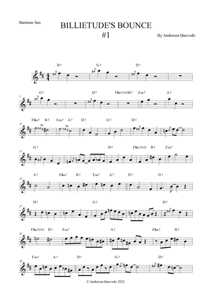 Billietude's Bounce #1 for Baritone Saxophone - Easy Intermediate Blues/Jazz Original Etude image number null
