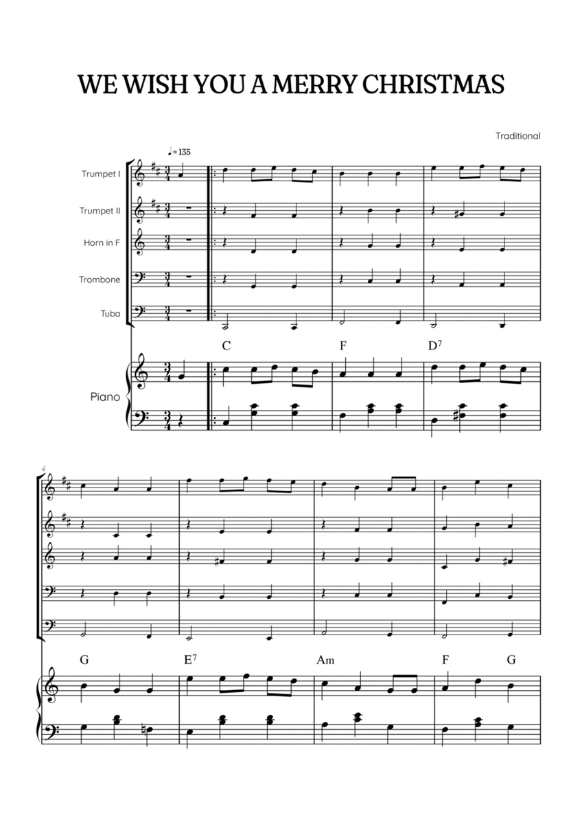 We Wish You a Merry Christmas for Brass Quintet & Piano• easy Christmas sheet music w/ chords image number null