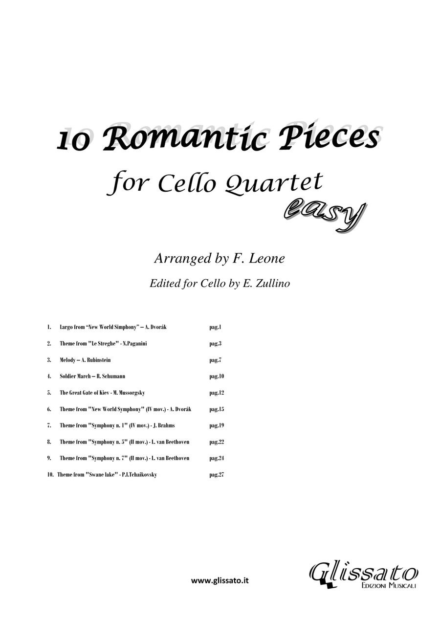 10 (Easy) Romantic Pieces for Cello Quartet String Quartet scores gallery preview page 1