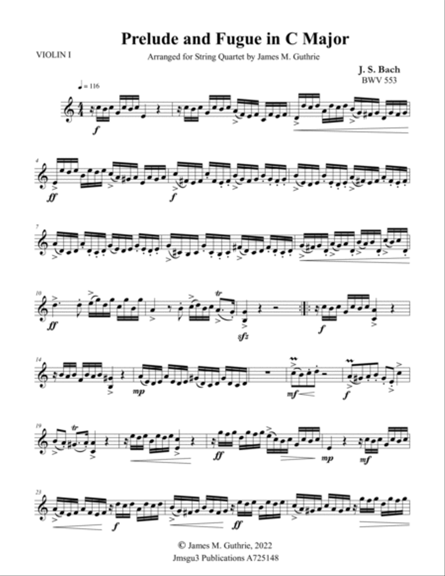 Bach: Prelude & Fugue in C Major BWV 553 for String Quartet String Quartet scores gallery preview page 6