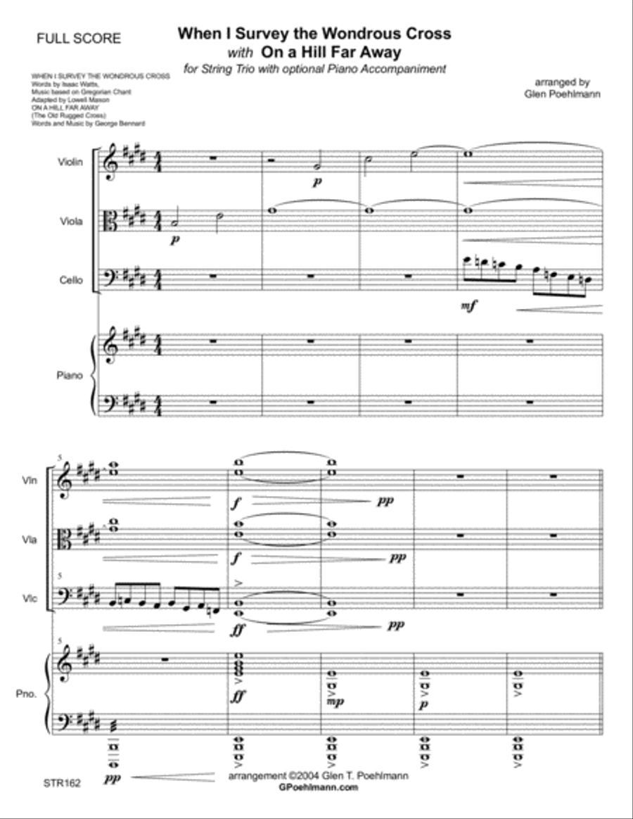 WHEN I SURVEY THE WONDROUS CROSS/ON A HILL FAR AWAY - STRING TRIO with Piano Piano Quartet scores gallery preview page 1