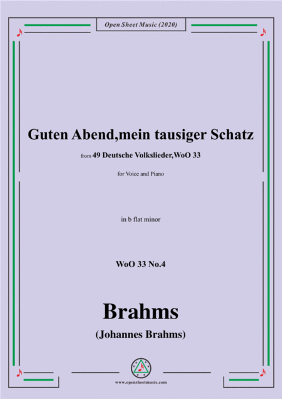 Brahms-Guten Abend,mein tausiger Schatz,WoO 33 No.4,in b flat minor,for Voice&Pno Voice scores gallery preview page 1
