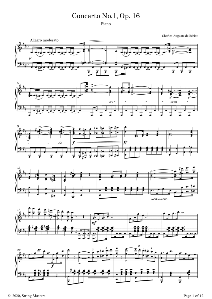 Concerto No 1, Op 16 Piano Accompaniment (de Beriot) Piano, Vocal, Guitar scores gallery preview page 1