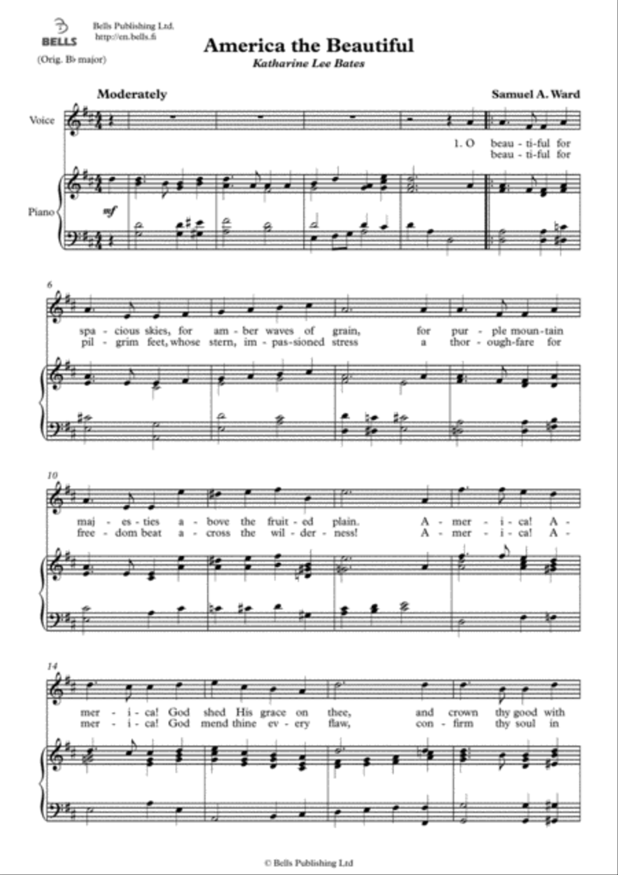 America the Beautiful (D Major) Voice Solo scores gallery preview page 1