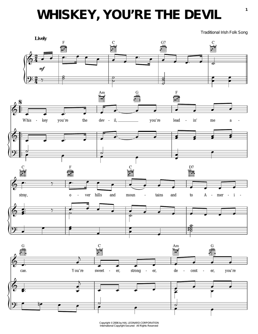 Whiskey, You're The Devil Piano, Vocal, Guitar scores gallery preview page 1