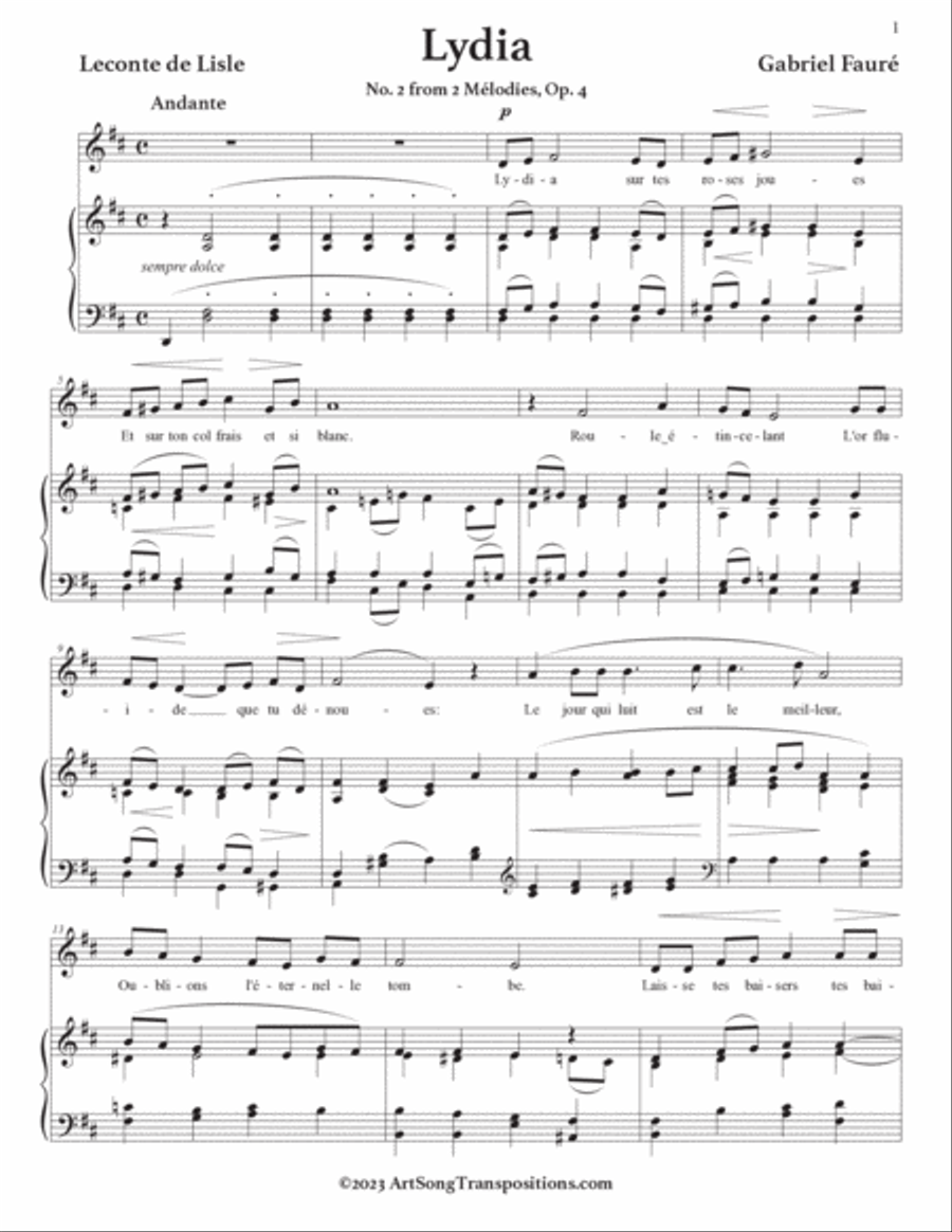 FAURÉ: Lydia, Op. 4 no. 2 (transposed to D major) Voice scores gallery preview page 2
