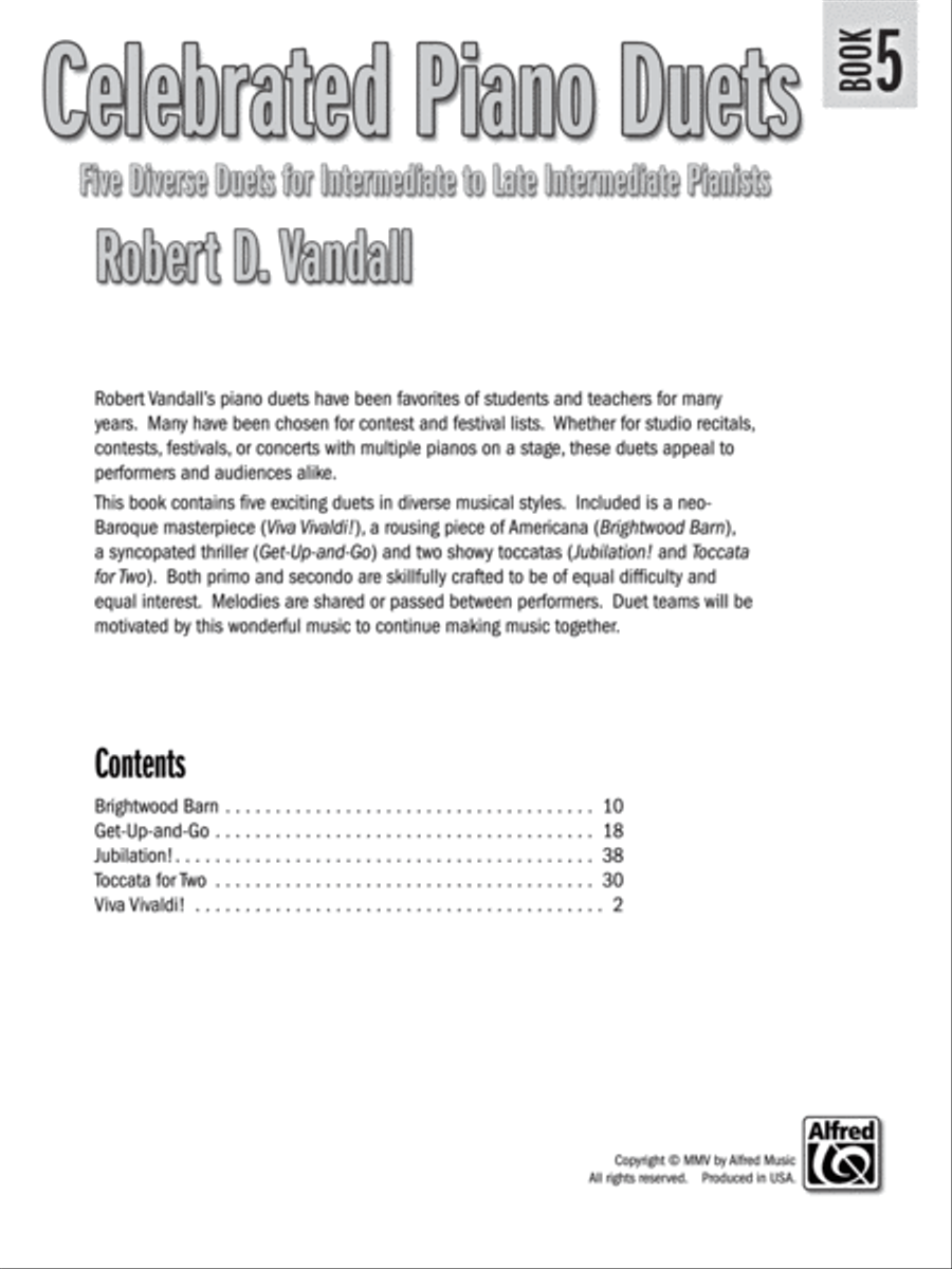 Celebrated Piano Duets, Book 5: Five Diverse Duets for Intermediate to Late Intermediate Pianists Piano Method scores gallery preview page 1