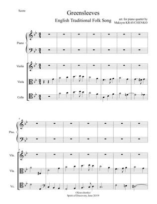 Greensleeves - English traditional folk song arr. for piano quartet (score and parts)