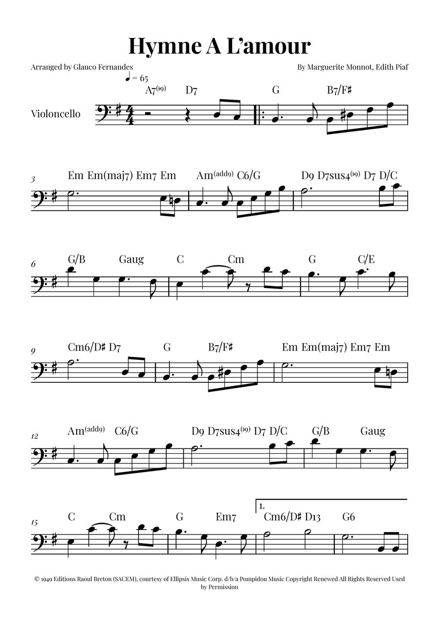 Hymne A L'amour Cello Solo scores gallery preview page 1