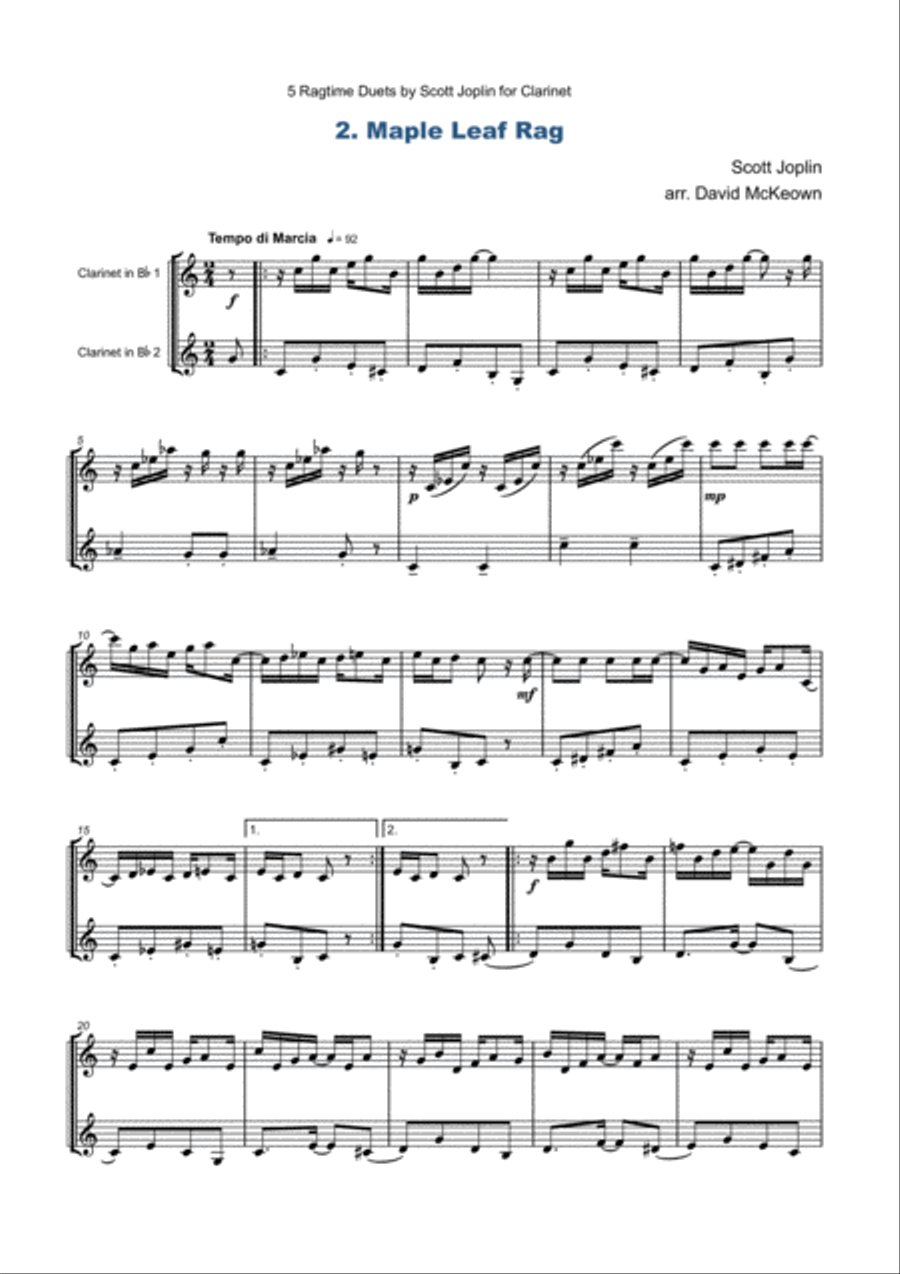 Five Ragtime Duets by Scott Joplin for Clarinet Clarinet Duet scores gallery preview page 5