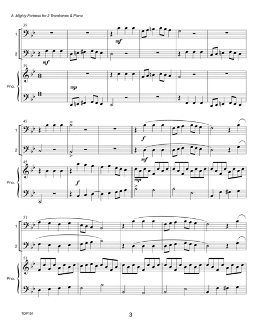 A MIGHTY FORTRESS - TROMBONE DUET with Piano Accompaniment (Grade 2-) Trombone Duet scores gallery preview page 3