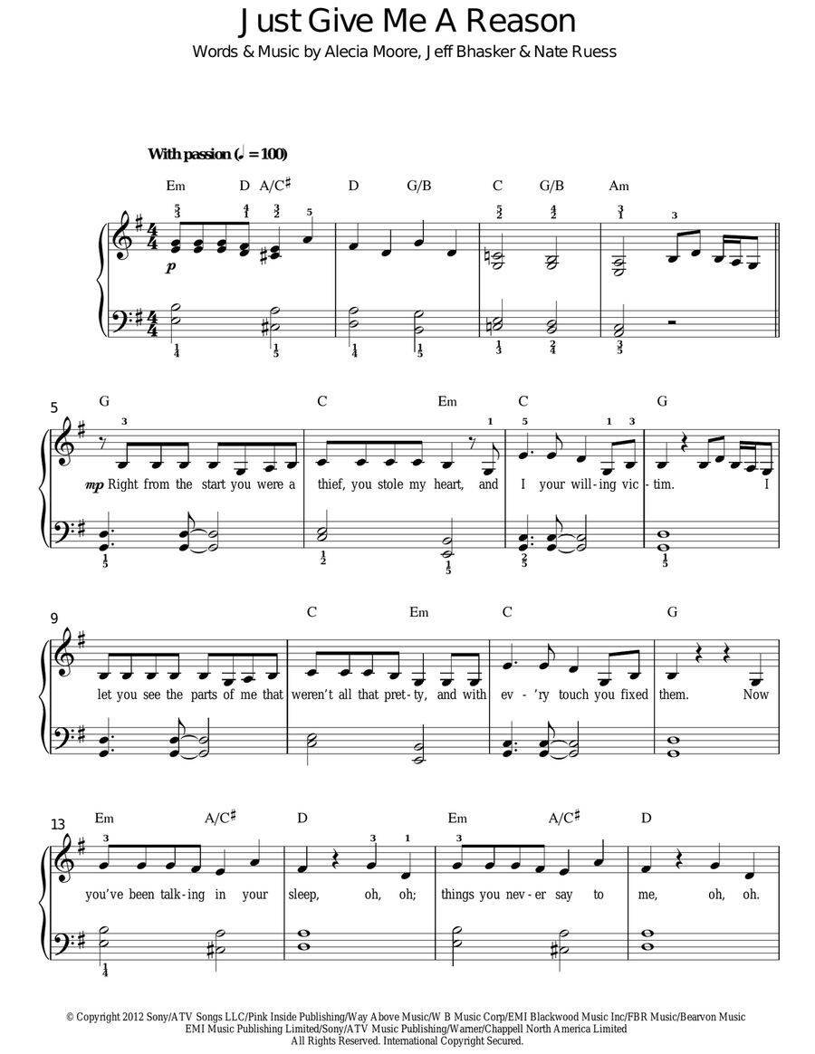 Just Give Me A Reason Just Give Me A Reason Easy Piano scores gallery preview page 1