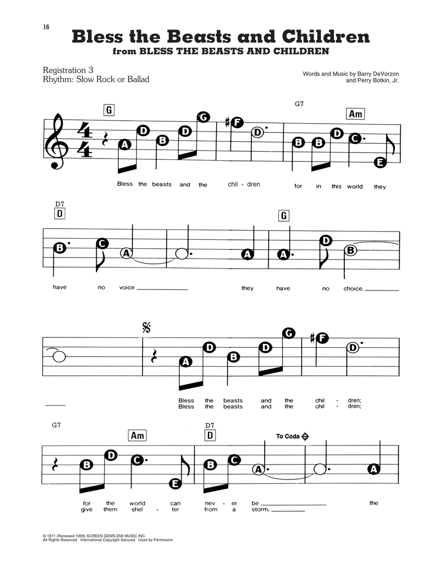 Bless The Beasts And Children Electronic Keyboard scores gallery preview page 1