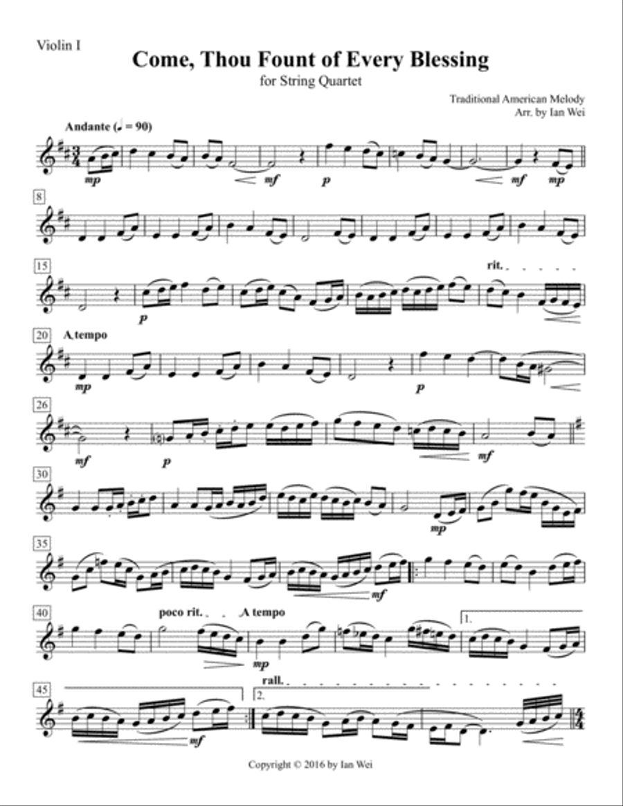 Come, Thou Fount of Every Blessing for String Quartet Come, Thou Fount of Every Blessing for String Quartet String Quartet scores gallery preview page 1