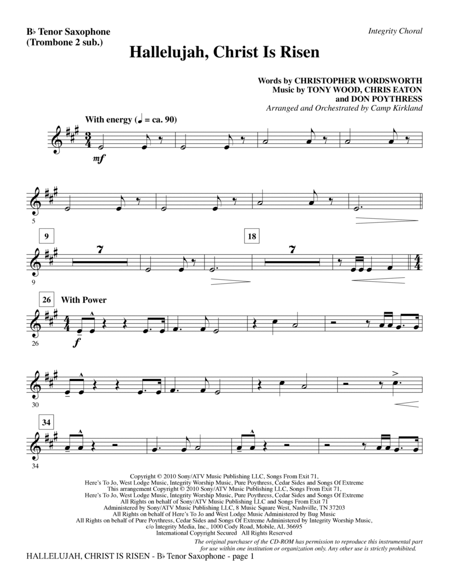 Hallelujah, Christ Is Risen - Tenor Sax (sub. Tbn 2) Choir scores gallery preview page 1