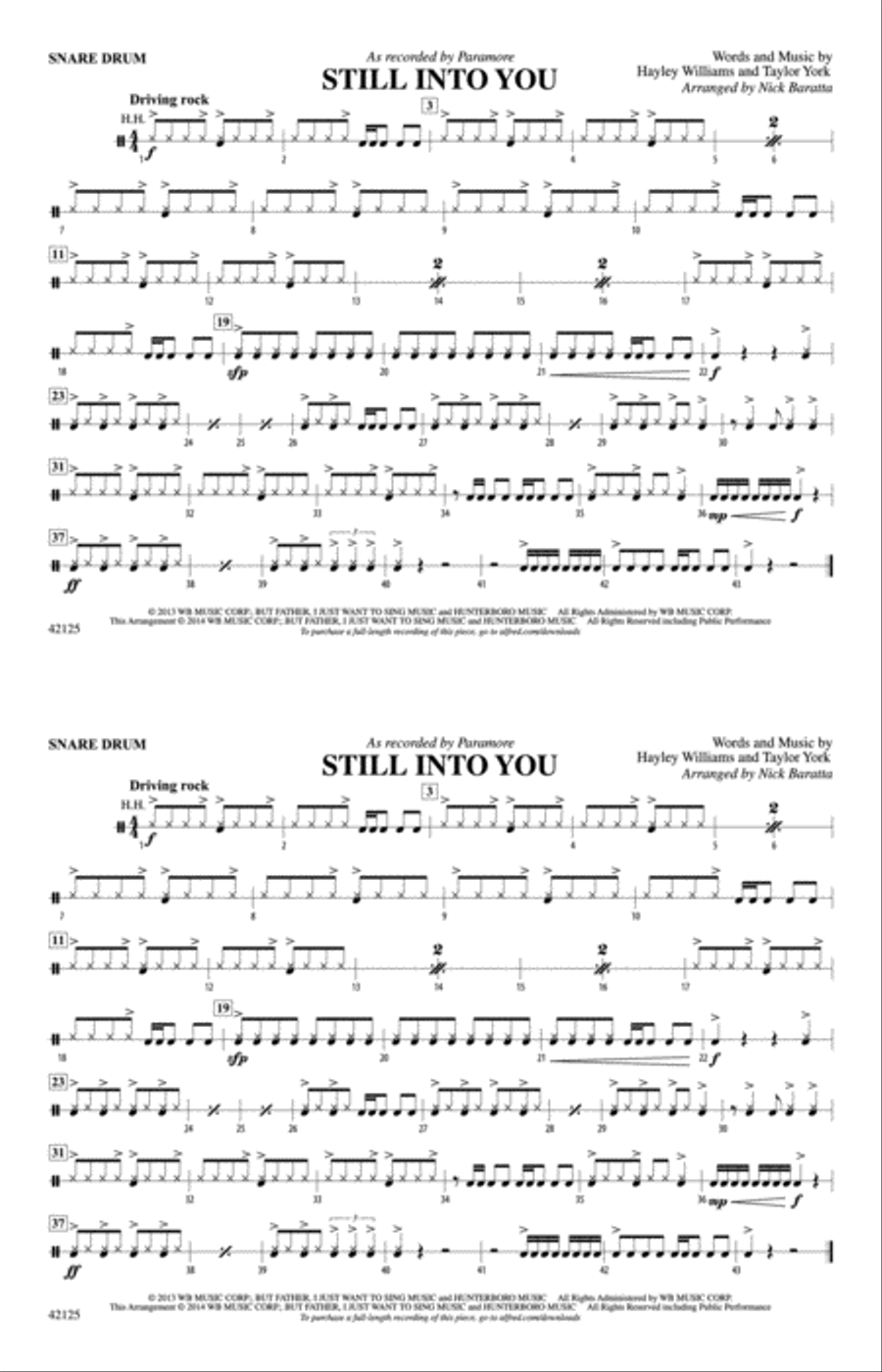 Still into You: Snare Drum Marching Band scores gallery preview page 1