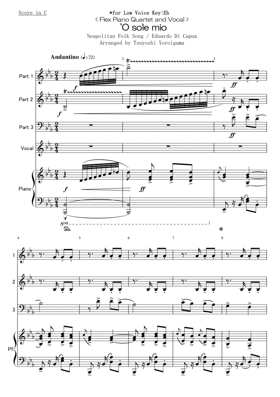 <Flex Piano Quartet and Vocal > 'O sole mio for Low Voice (Key:Eb) <Flex Piano Quartet and Vocal > 'O sole mio for Low Voice (Key:Eb) Large Ensemble scores gallery preview page 1
