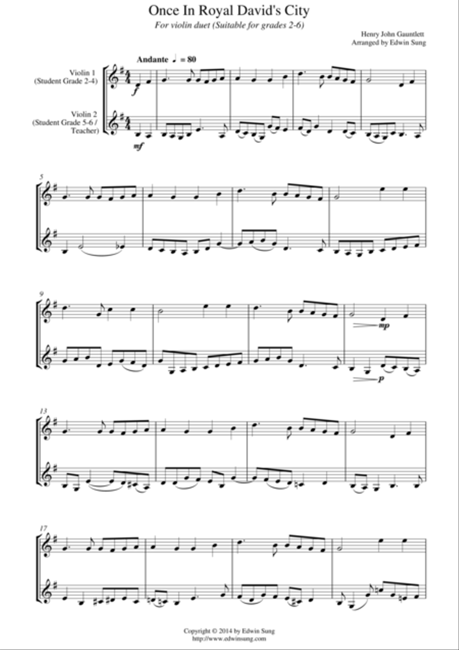Once In Royal David’s City (for violin duet, suitable for grades 2-6) String Duet scores gallery preview page 1