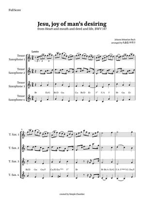 Jesu, Joy of Man’s Desiring for Tenor Saxophone Quartet by Bach BWV 147