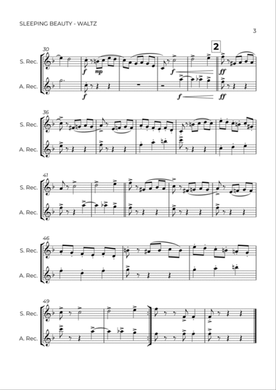 SLEEPING BEATY WALTZ - TCHAIKOVSKY – SOPRANO & ALTO RECORDER DUO Woodwind Duet scores gallery preview page 3