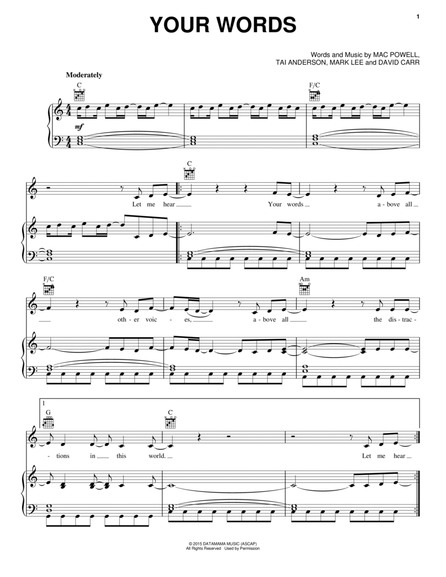 Your Words Piano, Vocal, Guitar scores gallery preview page 1