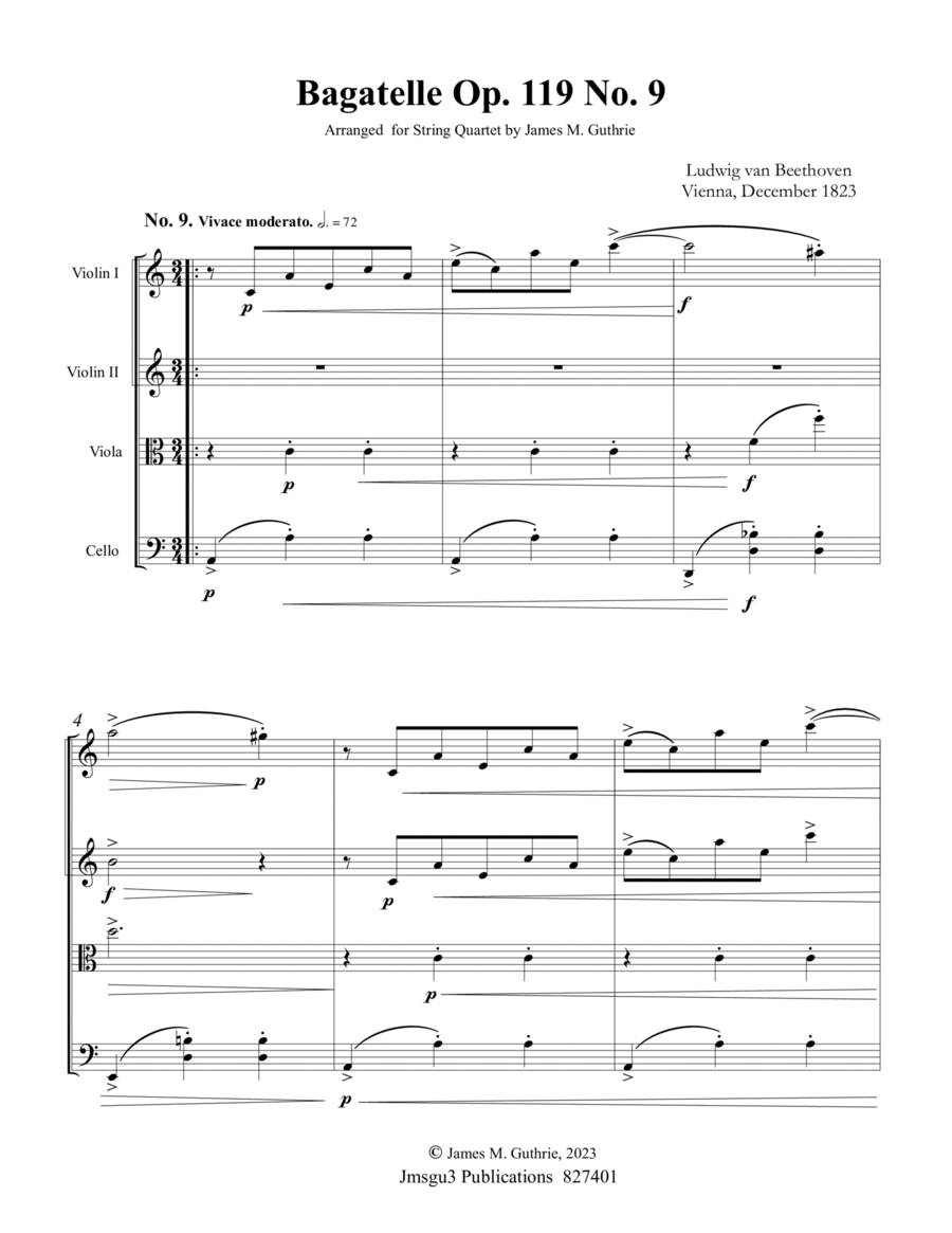 Beethoven: Bagatelle Op. 119 No. 9 for String Quartet String Quartet scores gallery preview page 1