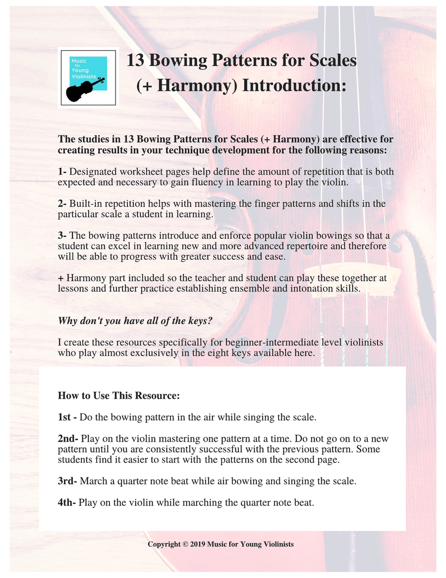 13 Bowing Patterns for Scales (+ Harmony) in the Keys of G, D, A, E, C, F, Bb & Eb Violin Solo scores gallery preview page 4
